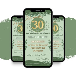 Invitation d'anniversaire eCARD avec motif floral vert | Invitation d’anniversaire numérique Whatsapp | Cartes de téléphone portable personnalisées plantes naturelles