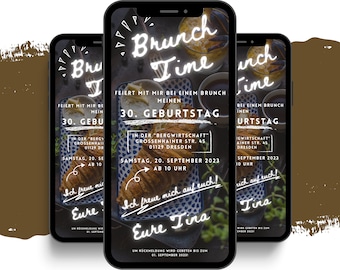 Invitación digital a brunch de cumpleaños | Invitación de cumpleaños digital por WhatsApp | Tarjeta de invitación a almuerzo animada y personalizada