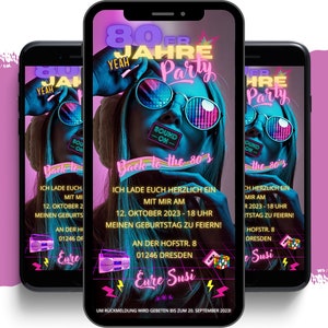 convite de festas do eCARD 80s | convites digitais da celebração dos anos 80 do Whatsapp | convite digital de aniversário dos anos 80 | Festa temática retrô