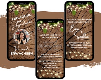 May include: A digital invitation for a coming-of-age celebration. The invitation features a rustic wooden background with pine cones and string lights. The text reads "Einladung zur Jugendweihe" and "Ich werde Erwachsen". The date and time of the event are listed as "Am Samstag 12. Mai 2025 ab 14.30 Uhr".