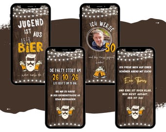 May include: A collection of five smartphones displaying party invitations. The invitations feature a wooden background with text and graphics related to beer and a 50th birthday celebration. The text includes phrases in German.