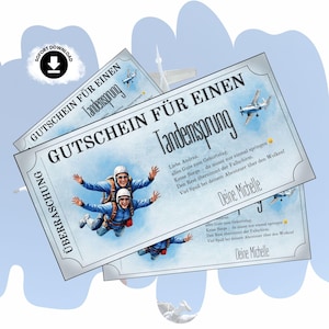 May include: A rectangular gift voucher for a tandem skydive featuring an illustration of two people skydiving in blue jumpsuits. The text reads GUTSCHEIN FÜR EINEN Tandemsprung, ÜBERRASCHUNG, and includes a personalised birthday message in German.