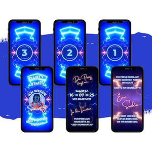 eCARD Neonparty Einladung 90er 80er Jahre Style | Digitale WhatsApp Handykarte | Retro Neon Geburtstagseinladung | Bunte Mottoparty Karte