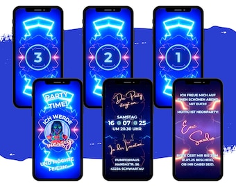 eCARD Neonparty Einladung 90er 80er Jahre Style | Digitale WhatsApp Handykarte | Retro Neon Geburtstagseinladung | Bunte Mottoparty Karte