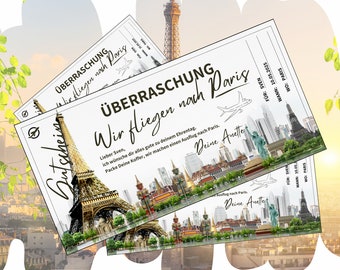 Gutschein für eine Urlaubsreise nach Paris | Geschenkgutschein zum Geburtstag | Überraschungskarte zum Drucken | Flugreise nach Frankreich