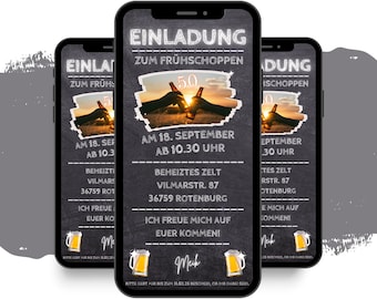 May include: Three smartphones displaying a digital invitation for a 50th birthday celebration. The invitation features a sunset image with beer bottles, the text "Einladung zum Frühschoppen", and event details in German.