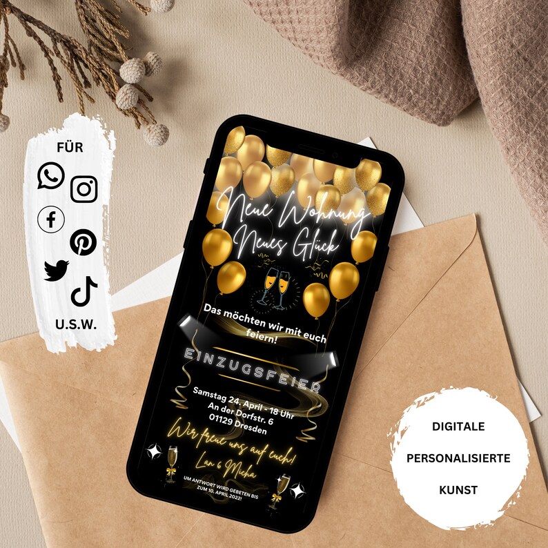 Invito digitale per la festa di inaugurazione della casa - Cartolina elettronica WhatsApp con musica - Modello Canva per festa di inaugurazione della casa e festa in casa immagine 2