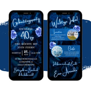 eCARD verjaardagsuitnodiging met blauwe rozen | Digitale WhatsApp mobiele telefoonkaart | Gepersonaliseerde geanimeerde bloemen verjaardagskaart