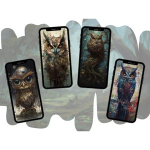 May include: Four different phone screens displaying digital art of owls. Each owl is depicted in a different style and color scheme. The owls are surrounded by a dark green and brown background.
