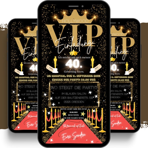 eCARD Hollywood Geburtstag Einladung | Digitale Whatsapp VIP Pass Einladungskarte | Geburtstagseinladung | Filmstars Mottoparty Karten