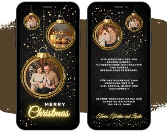 以下が含まれることがあります： クリスマスのお祝いを表示する2つのスマートフォン。左側の電話は、「Merry Christmas」のテキストが入った金のオーナメントの中に家族写真を表示します。右側の電話にはドイツ語のテキストと、別の家族写真が表示されています。