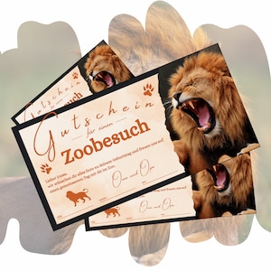 Gutschein für einen Zoobesuch zum Ausdrucken | Erlebnispark Zoo Geschenkgutschein Löwe Raubtier | Ausflug Tierpark Erlebnisgutscheinkarte