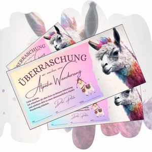 Bon pour une randonnée en alpaga | Modèle imprimable | Idée cadeau d'anniversaire | Carte de bon d'expérience de randonnée en alpaga