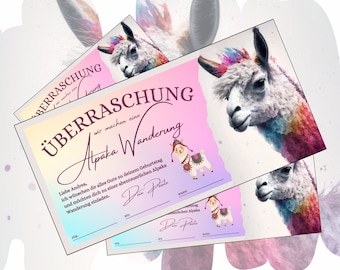 Certificado de regalo para una excursión con alpacas | Plantilla imprimible | Idea de regalo de cumpleaños | Tarjeta de regalo para una experiencia de senderismo con alpacas