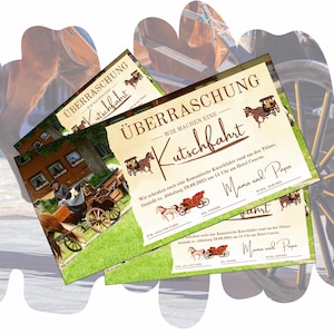 Modello di buono per giro in carrozza da stampare | Idea regalo: giro in carrozza trainata da cavalli | Buono regalo | Buono esperienza per gite in carrozza