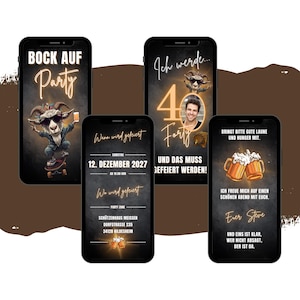 Könnte beinhalten: Mehrere Smartphone-Bildschirme mit Party-Einladungen. Einer zeigt einen Ziegencharakter mit Sonnenbrille und dem Text "Bock Auf Party". Ein anderer kündigt eine 40. Geburtstagsfeier an. Weitere Bildschirme enthalten Eventdetails und eine Nachricht.