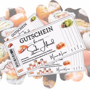Vale para una comida de sushi | Plantilla de vale regalo para imprimir | Barra de sushi con tarjeta de vale | Idea de regalo de restaurante de cumpleaños