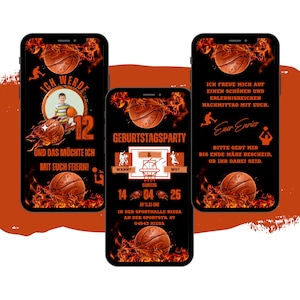 eCARD Basketbal Uitnodiging Kinderfeestje | Digitale WhatsApp verjaardagskaart | Gepersonaliseerde balsport kunst verjaardagstelefoonkaart
