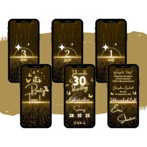 Invitation d'anniversaire eCARD dans le style étoile dorée | Invitations WhatsApp numériques | Anniversaire de carte de téléphone animée personnalisée moderne