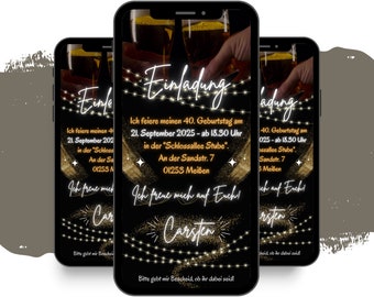 May include: A black and gold digital invitation with twinkling lights and a glass of beer. The invitation reads "Ich feiere meinen 40. Geburtstag am 21. September 2025 - ab 18.30 Uhr in der "Schlossallee Stube." An der Sandstr. 7 01253 Meißen. Ich freue mich auf Euch! Carsten. Bitte gebt mir Bescheid, ob ihr dabei seid!"