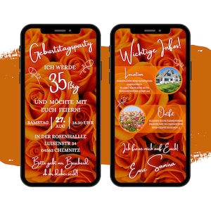 eCARD verjaardagsuitnodiging met oranje rozen | Digitale WhatsApp mobiele telefoonkaart | Gepersonaliseerde geanimeerde bloemen verjaardagskaart