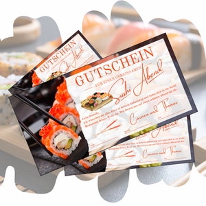 Voucher na posiłek sushi | Szablon do druku | Pomysł na prezent urodzinowy | Kupon upominkowy na kolację w barze sushi do zaprojektowania