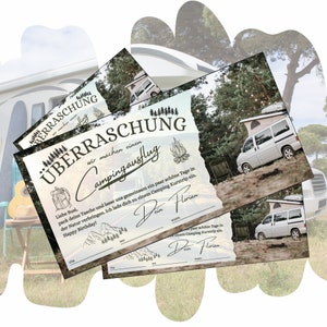 Bon pour un séjour en camping | Modèle imprimable | Idée cadeau camping anniversaire | Road trip en camping-car | Chèque expérience