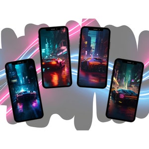 Peut inclure: Quatre écrans de smartphone affichant différents paysages urbains au néon avec des voitures futuristes élégantes conduisant dans les rues. Les voitures sont rouges, noires et argentées avec des phares et des feux arrière brillants.