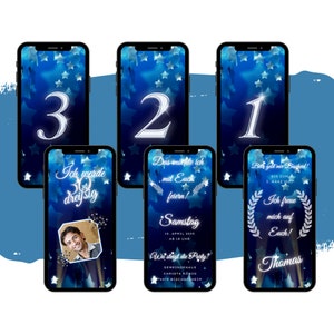 May include: Three blue phone screens with a white star background. The first screen says "Ich werde dreißig" with a picture of a man. The second screen says "Das möchte ich mit Euch feiern!" with the text "Samstag 15. APRIL 2023 AB 18 UHR We steigt die Party? GEMEINDEHAUS CHRISTA KONIG 78474 BISCHOFSHEIM". The third screen says "Bitte gebt mir Bescheid! BIS ZUM 5. MARZ 2023 Ich freue mich auf Euch! Thomas".