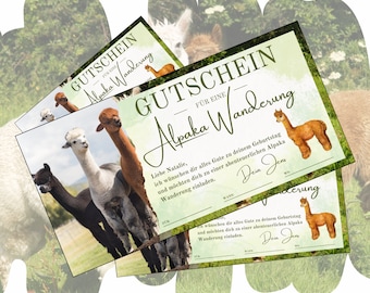 Certificado de regalo para una excursión con alpacas | Plantilla imprimible | Idea de regalo de cumpleaños | Tarjeta de regalo para una experiencia de senderismo con alpacas