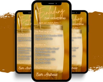May include: A digital invitation for a birthday party. The invitation is on a yellow background with a glass of beer in the center. The text reads "Einladung zum Geburtstag...lasst uns endlich feiern!" The party is on Saturday, November 4th, 2023 at 6:30 PM. The location is Restaurant "Weißer Hirsch" at Großenhainer Str. 432, 06323 Dresden. The RSVP deadline is August 5th, 2023. The invitation is signed "Euer Andreas".