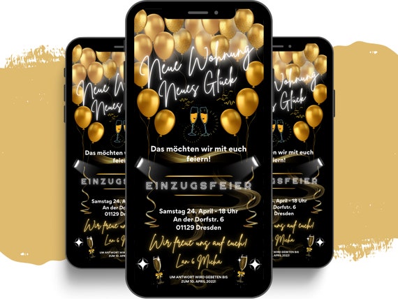 Einzugsfeier Einladung digital - WhatsApp eCARD mit Musik - Canva Vorlage für Wohnungseinweihung & Hausparty