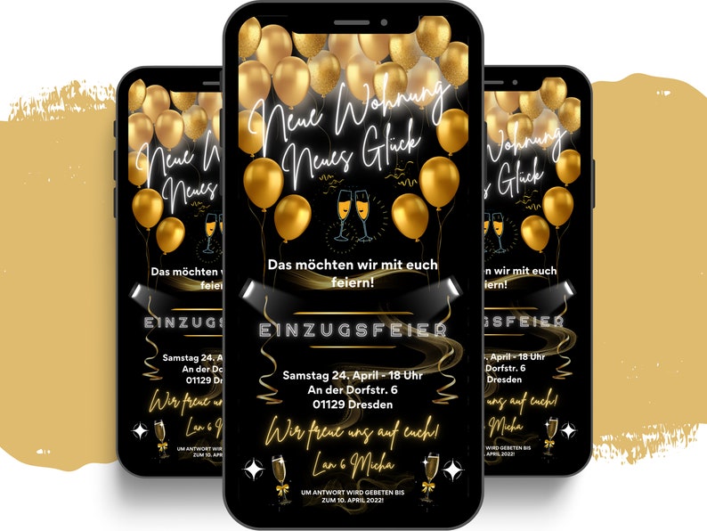 Pu&ograve; includere: Invito digitale nero e oro con palloncini dorati e flute di champagne. Il testo recita "Neue Wohnung Neues Gl&uuml;ck" e "Einzugsfeier" con la data e l'ora della festa.