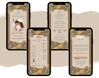 Puede incluir: Invitación de boda digital mostrada en varios smartphones. El diseño presenta una estética vintage con detalles florales, una foto de la pareja y los detalles del evento. La paleta de colores incluye tonos dorados, marrones y crema.