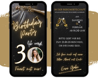 eCARD goldene Einladung Geburtstag mit Sektglas | Digitale WhatsApp Einladungen mit Foto | Personalisierte Animierte Handykarte Geburtstag