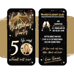 eCARD invito compleanno dorato con bicchiere di champagne | Inviti digitali WhatsApp con foto | Biglietto di compleanno animato personalizzato