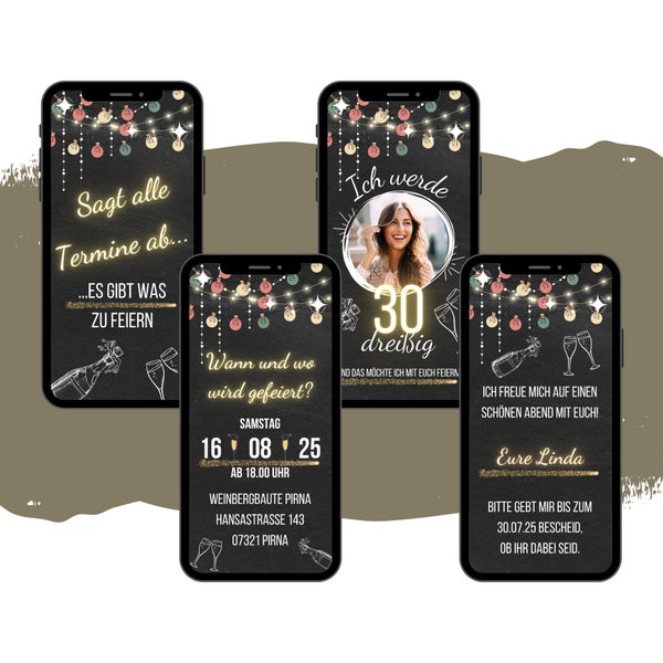 eCARD birthday invitation in blackboard champagne design | Digital WhatsApp invitations with photo | Personalized Animated Phone Card Birthday