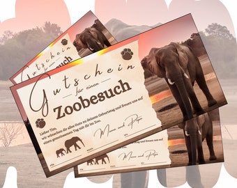 Gutschein für einen Zoobesuch zum Ausdrucken | Erlebnispark Zoo Geschenkgutschein Elefant | Ausflug Tierpark Erlebnisgutscheinkarte