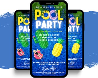 eCARD Pool Party Einladung | Digitale Whatsapp Poolparty Einladungen | Animierte Geburtstagseinladung | Sommerparty Strand Einladung