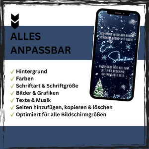 May include: A customizable phone screen with a wintery background, snowflakes, and a Christmas tree. The text on the screen reads "Ich freue mich auf einen sch&ouml;nen Abend mit euch! Euer Sebastian. Bitte gebt mir bis zum 31.12.24 Bescheid, ob ihr dabei seid."
