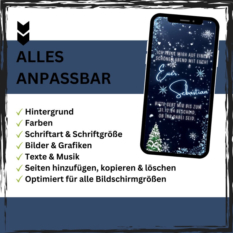 May include: A customizable phone screen with a wintery background, snowflakes, and a Christmas tree. The text on the screen reads "Ich freue mich auf einen sch&ouml;nen Abend mit euch! Euer Sebastian. Bitte gebt mir bis zum 31.12.24 Bescheid, ob ihr dabei seid."