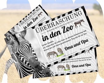 Gutschein für einen Zoobesuch zum Ausdrucken | Erlebnispark Zoo Geschenkgutschein Zebra Wildtier | Ausflug Tierpark Erlebnisgutscheinkarte