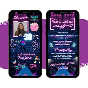 eCARD Neonparty Geburtstagseinladung | Digitale Moderne WhatsApp Partykarte | Blau Rosa Neonfarbene Geburtstagskarte Handyeinladung