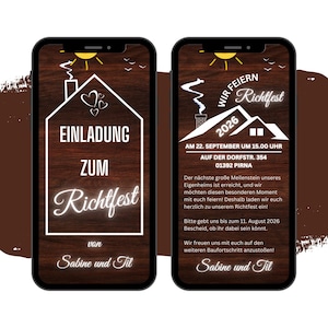 eCARD als aanvulling op de ceremonie-uitnodiging | Digitale Whatsapp woningbouwuitnodigingen | Gepersonaliseerde geanimeerde topping-out uitnodiging | Housewarming feesthuis