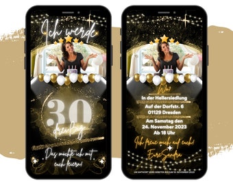 30 Geburtstag Einladung digital - WhatsApp Geburtstagseinladung - goldene Party eCARD mit Foto - animierte Einladung - Einladung Geburtstag
