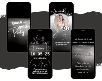 eCARD Black and White invitation card | Digital WhatsApp theme party birthday card | Black and white birthday invitation | Birthday