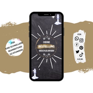 Könnte beinhalten: Eine schwarze Tafel mit weißen Kreidezeichnungen eines Raumschiffs und einer Sonne mit Strahlen. Der Text "DEINE BESTELLUNG BESCHLEUNIGEN" ist in goldenen Glitzerbuchstaben in einem Kreis geschrieben.