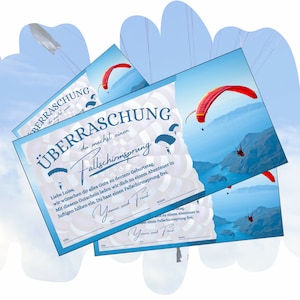Sjabloon voor voucher voor parachutespringen om af te drukken |  Avontuurbelevingsbon cadeau voor een verjaardag | Cadeau-idee voor parachutespringen