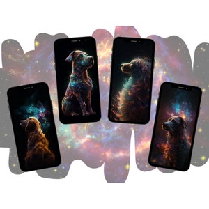 May include: Four smartphone screens with different images of dogs with a galaxy background. Each dog is a different breed and is shown in a different pose.