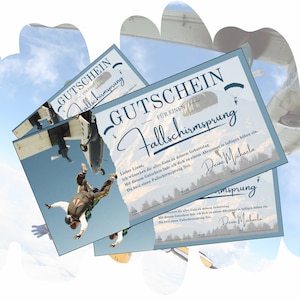 Modèle de bon de parachutisme à imprimer |  Cadeau de chèque d'expérience d'aventure pour un anniversaire | Idée cadeau saut en parachute